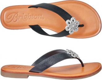 Brighton Aster Flower Embellished Blk Leather Flat Thong Slip On Sandal In Black