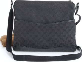 Gucci Black Leather Canvas Messenger Bag Shoulder Bag (Pre-Owned)
