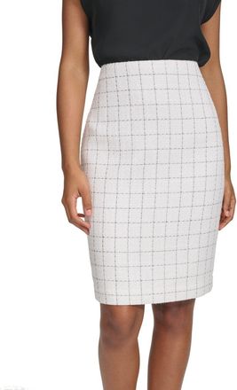 Calvin Klein Pencil Skirt Womens Cream Black Windowpane Tweed Back Zip FTS1083