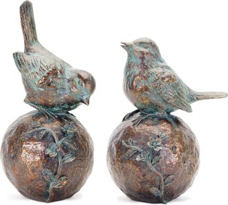 Melrose International Perched Bird on Orb with Bronze Finish (Set of 2) - Bronze, Blue, Brown