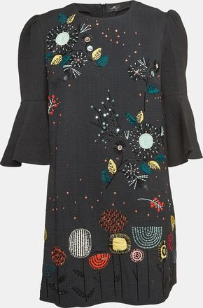 Elisabetta Franchi Black Sequin And Beads Embellished Crepe Bell Sleeve Mini Dress