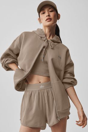 Alo | Accolade Full Zip Hoodie in Gravel Beige, Size: Medium