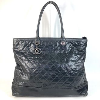 Chanel Matelasse Black Coated Canvas Leather Boston Bag Shoulder Bag Tote Bag (Pre-Owned)
