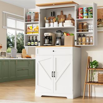 Merax White Tall Kitchen Storage Snack Cabinet with Drawers & Doors