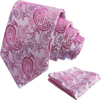 Alizeal Mens Paisley Tie and Hanky Set Party Business Wedding Necktie with Pocket Sqaure Set, Hot Pink