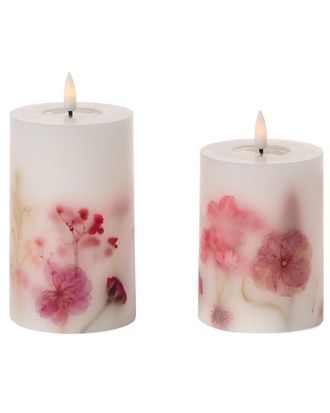 Two's Company Set Of 2 Flickering Flameless Wax Pillar Candles With Pressed Flowers & Melt Pool Effect