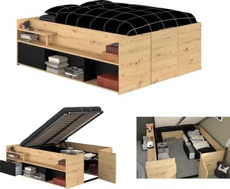 Parisot Stauraumbett »Travel, maximaler Stauraum, wie ein begehbarer Kleiderschrank« Ablageflächen, hydraulischer Bettkasten mit Regalen, Schublade, Tür