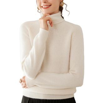 Dissa Women Cashmere Jumper Off-White Roll Neck Knitted Jumper Long Sleeve Relaxed Cashmere&Wool Thick Plain Ladies Sweater,UK 12,MH560