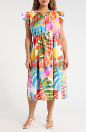 Sugarlips Breezy Palms Tiarna Flutter Sleeve Tie Waist Midi Dress in White Red Green at Nordstrom, Size 2 X