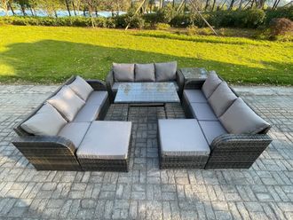 Fimous Rattan Garden Furniture Set 11 Seater Patio Outdoor Lounge Sofa Set with Side Table Rectangular Dining Table 2 Big Footstool in Dark Grey