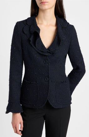 Santorelli Celeste Ruffle Jacket in Luxury Tonal Tweed in Midnight at Nordstrom, Size 10