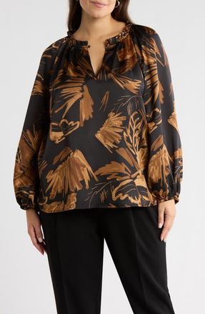 Sugarlips Palm Tropics Ruffle Collar Top in Black-Tan at Nordstrom, Size 1X