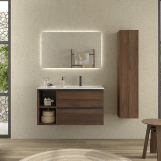 Cygnus Bath Mueble De Ba&ntilde;o Bequia Plus Metal 90cm Nogal Lavabo Porcelana Grifo Derecha 2h