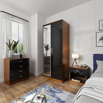 Elegant Lighting Modern High Gloss Wardrobe and Cabinet Furniture Set Bedroom Wardrobe with Mirror and 4 Drawer Chest and Bedside Cabinet, White/Oak