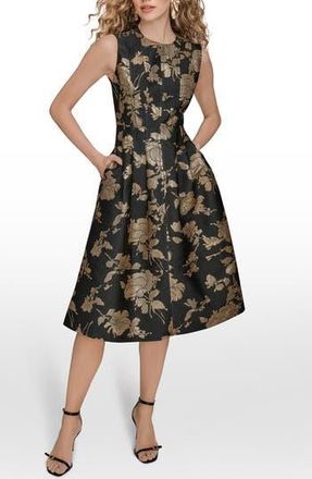 DKNY Metallic Jacquard Sleeveless Fit & Flare Dress in Black/Gold at Nordstrom Rack, Size 6