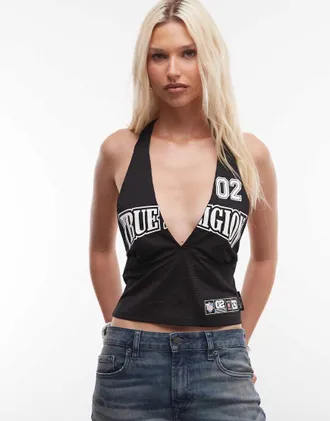True Religion Top sportivo allacciato al collo in jersey a rete nero