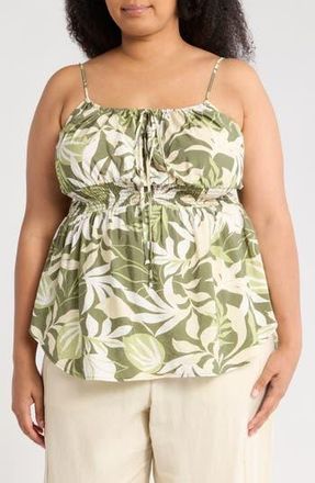 Renee C Tropical Print Smocked Peplum Camisole in Olive at Nordstrom Rack, Size 1X