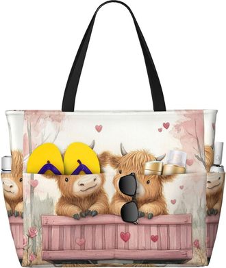 Generic Valentines Highland Cow Print Large Beach Bag Foldable Travel Shoulder Tote Bag With Pocket For Weekender Pool Vacation