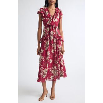 Cinq &agrave; Sept Floral Ruffle Chiffon Midi Dress in Berrywine/gardenia at Nordstrom, Size 00
