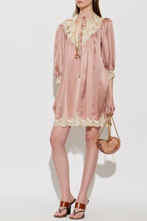 Chlo&eacute; Silk Dress With Lace Inserts, Womens, Pink