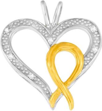 House of Brilliance Silver Two Toned 1/25 cttw Diamond Heart-Ribbon Pendant Necklace in Yellow at Nordstrom