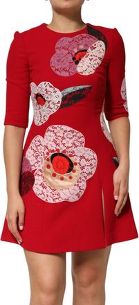 Dolce & Gabbana Womens Red Lace Floral Applique A-Line Mini Dress Wool