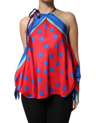 Dolce & Gabbana Womens Multicolor Polka Dot Tie Halter Blouse Top Silk