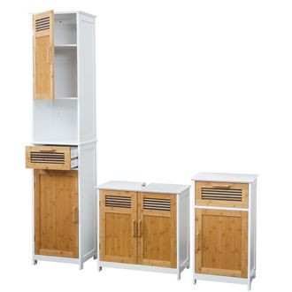 Hhg Hhg - Arredo Bagno Serie 145 Legno Bambu E Mdf Set Sottolavabo, Mobile Alto E Basso 3 Pezzi