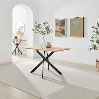 Furniturebox Leonardo Rectangular Oak Veneer & Black Metal 4 Seater Dining Table in Light Brown
