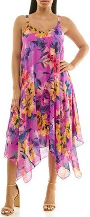Nina Leonard Patterned Handkerchief Hem Dress in Fuschia Multi at Nordstrom Rack, Size X-Large