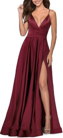 La Femme Long Satin Dress with Side Slit and V Shaped Back in Wine at Nordstrom, Size 2
