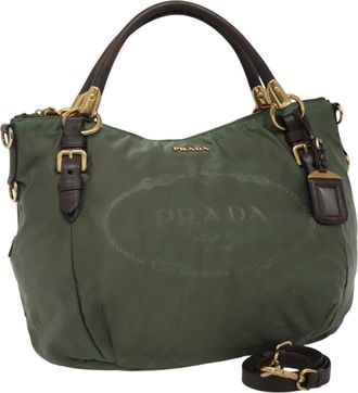 Prada Logo Jacquard Khaki Synthetic Handbag (Pre-Owned)