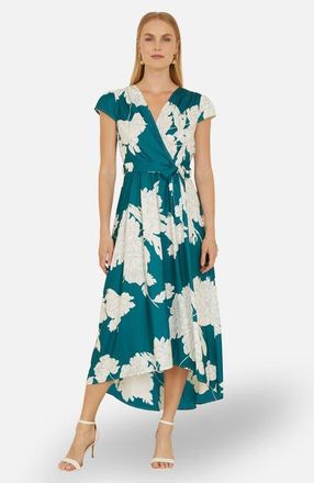 Yumi Blossom Print Dipped Hem Wrap Midi Dress in Green at Nordstrom, Size 18