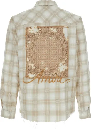 Amiri Mens Beige Flannel Shirt With Check Pattern Cotton