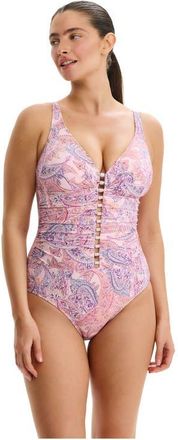 Gottex Boho Bloom D-Cup V-Neck Gold Beaded One Piece in Pink-Multi at Nordstrom, Size 10