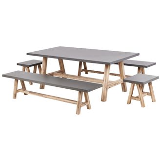 Beliani Conjunto De Jard&iacute;n De Hormig&oacute;n Fibrocemento Madera De Acacia Mesa De Comedor 2 Bancos 2 Taburetes Gris Tonnare