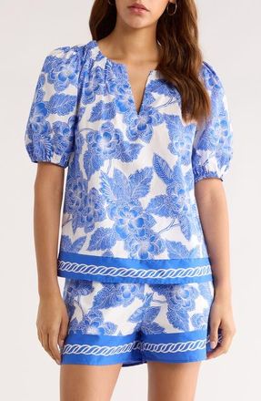 Sugarlips Rency Floral Billy Puff Sleeve Top in White-Blue at Nordstrom, Size X-Small