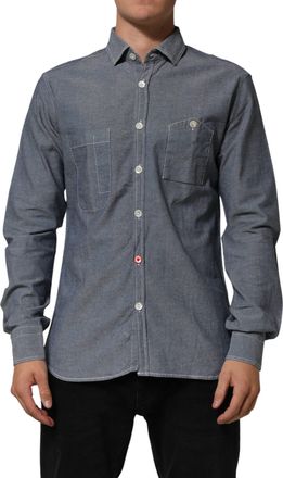 Aglini Blue Denim Regular Fit Collared Long Sleeve Casual Mens Shirt