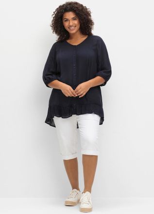 Sheego Kurzarmbluse SHEEGO, Damen, Gr. 40, blau (tiefblau), 100% Viskose, unifarben, V-Ausschnitt, Blusen Kurzarmbluse