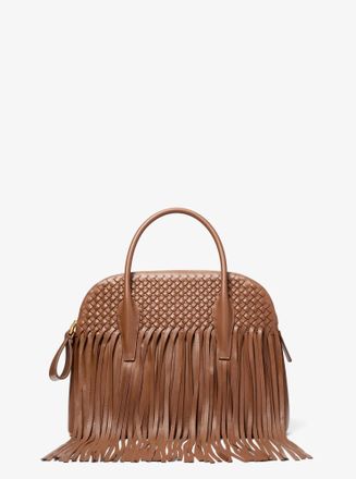 Michael Kors Kaitlin Large Fringed Woven Leather Dome Satchel