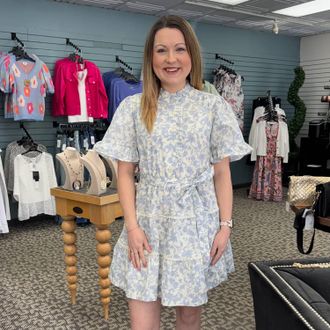 Merci Ruffled Button Down Floral Mini Dress In Blue