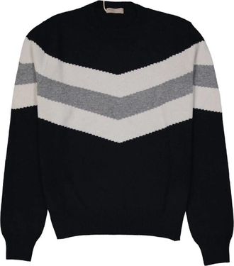 Herno Zigzag-stripe Sweater - Heren - Ronde hals truien - Blauw - XL - Wol - Truien & Vesten