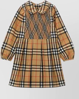 Burberry cotton poplin ruffled collar smocked pleated long-sleeve knee-length dress