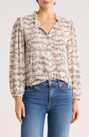 Adrianna Papell Ruffle Split Neck Long Sleeve Button-Up Shirt in Champagne Bubble Swirl at Nordstrom Rack, Size X-Small