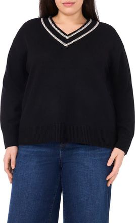 Halogen Embroidered Trim Sweater in Rich Black at Nordstrom Rack, Size 1X