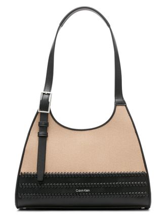 Calvin Klein Womens Quill Triple Compartment Satchel, Natural/Black Canvas, One Size