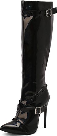 Generic Womens Patent Leather Knee High Boots with Rivet Pointed Toe Long Boots with Side Zipper Stiletto High Heel Party Prom Shoes,Black,2.5 UK