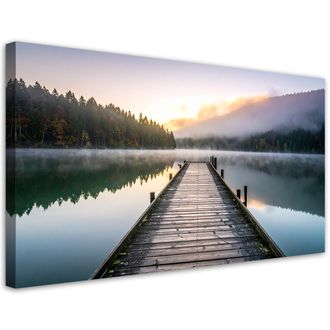 Feeby Cuadro En Lienzo, Lago Embarcadero Bosque Paisaje, 120x60