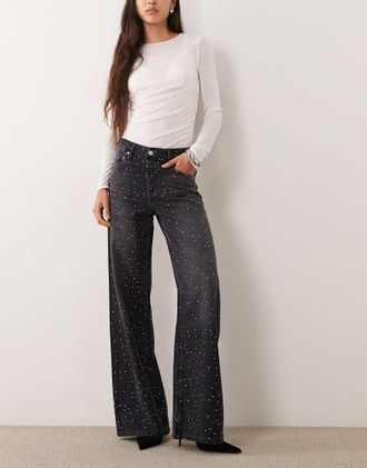 Mango jeans a gamba larga decorati lavaggio nero