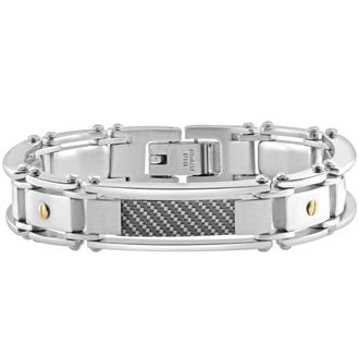 Pompeii3 Mens Single Toned Steel Carbon Fiber Gold Screwed 13mm Link 9.5 Bracelet